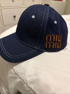 Miu Miu Dark Blue Denim Baseball Cap with Brown Logo